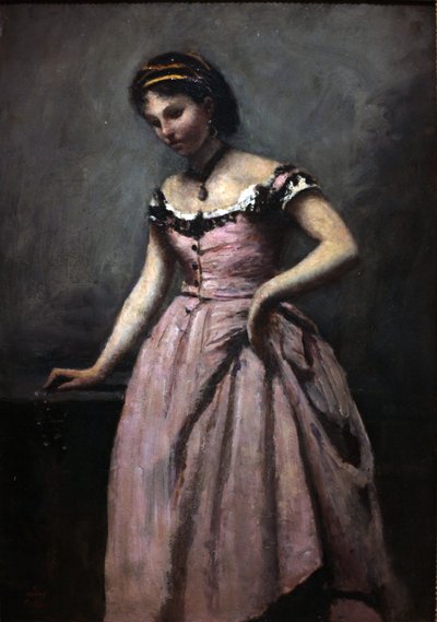 Young Woman in Pink Dress by Jean Baptiste Camille Corot